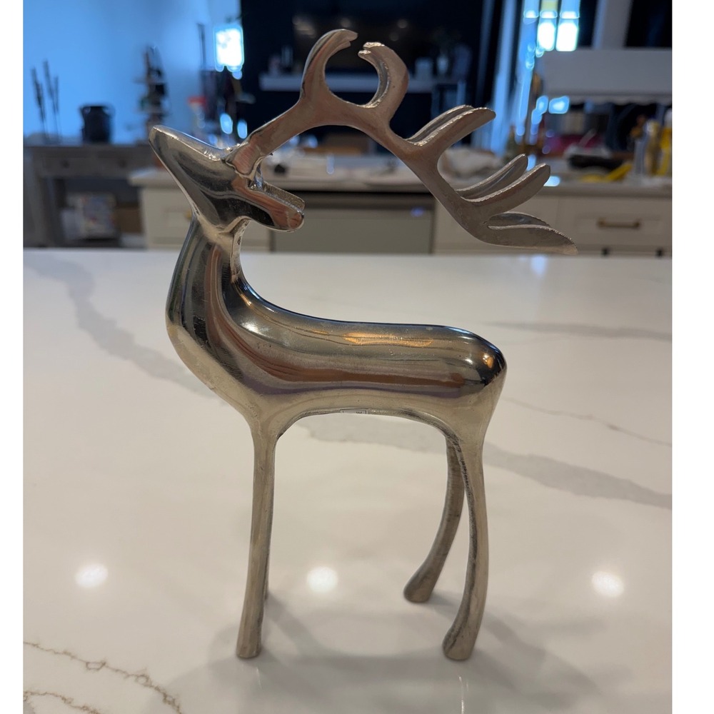 Silver Reindeer Figurine Modern Metal Stag Christmas Decor Made in India